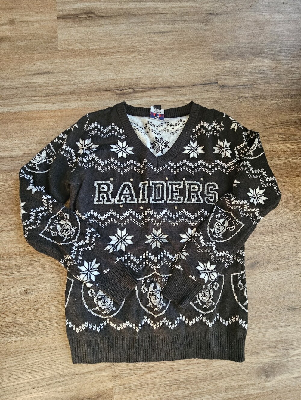 Raiders Black and White V-Neck Holiday Sweater - Women